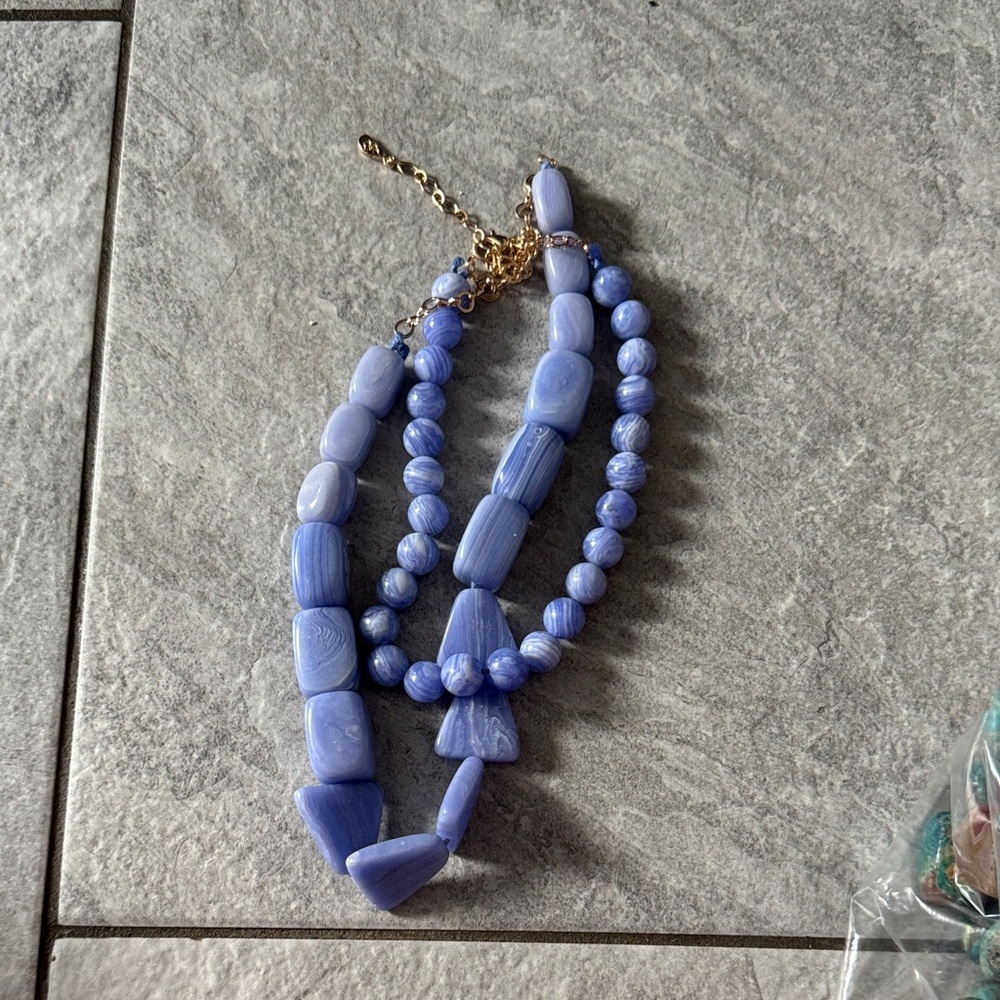 NWT Free People Light Blue Marbled Bead Statement Necklace